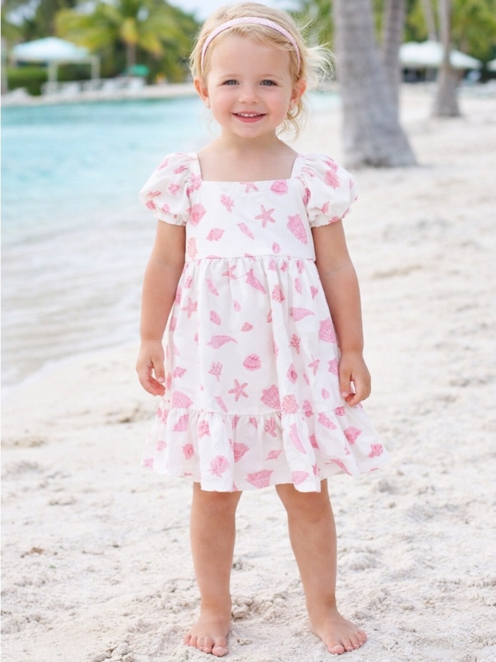 Monica Andy Girls Organic Party Dress Seashell Hunt pink + cartwheel shorts 3T